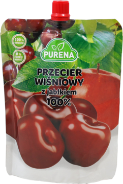 Purena Przecier wiśniowy z jabłkiem 100% w elastycznej torebce z czerwoną nakrętką, widok z przodu.