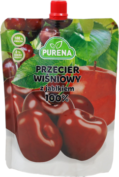 Purena Przecier wiśniowy z jabłkiem 100% w elastycznej torebce z czerwoną nakrętką, widok z przodu.