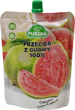 Biała saszetka Purena z przecierem z guawy 100%, z widokiem zielonych i różowych owoców na etykiecie.