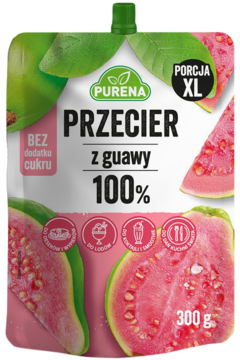Biała saszetka Purena Przecier z guawy 100% bez cukru, z różową guawą i zieloną nakrętką, widok z przodu.
