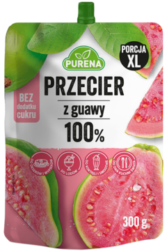 Biała saszetka Purena Przecier z guawy 100% bez cukru, z różową guawą i zieloną nakrętką, widok z przodu.