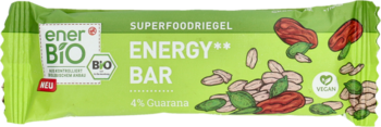 EnerBIO Energy Bar, jasnozielone opakowanie z ilustracją goji i orzechów, napisy ENERGY BAR, 4% Guarana, VEGAN.