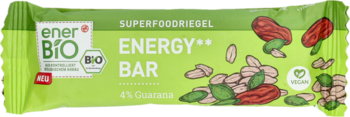 EnerBIO Energy Bar, jasnozielone opakowanie z ilustracją goji i orzechów, napisy ENERGY BAR, 4% Guarana, VEGAN.