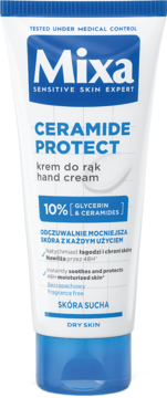 Biała tubka kremu Mixa Ceramide Protect Hand Cream, 10% Glycerin & Ceramides, z niebieskimi napisami, widok z przodu.