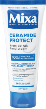 Biała tubka kremu Mixa Ceramide Protect Hand Cream, 10% Glycerin & Ceramides, z niebieskimi napisami, widok z przodu.