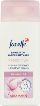 Biała butelka facelle SENSITIVE emulsja do higieny intymnej z kwasem mlekowym, pH 4.2, delikatny zapach, widok z przodu.