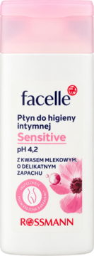 Biała butelka facelle Płyn do higieny intymnej Sensitive, pH 4,2, z kwasem mlekowym, z różowym kwiatem.