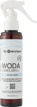 Mysterium Woda Lamelarna do włosów w brązowej butelce ze sprayem. Widok z przodu, na etykiecie "Wygładzenie".