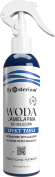 Mysterium Woda Lamelarna do włosów, spray 150ml, butelka biało-niebieska, efekt tafli, widok z przodu.