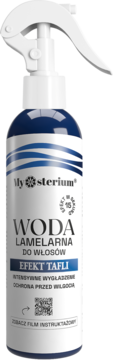 Biało-niebieska butelka Mysterium Woda Lamelarna do Włosów z atomizerem, widok z przodu, napis EFEKT TAFLI.
