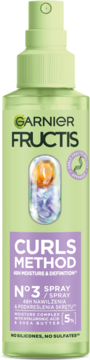 Zielony spray Garnier Fructis Curls Method N°3 do loków, nawilżenie i definicja, widok z przodu.
