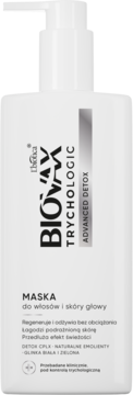 Biovax Trychologic Advanced Detox maska do włosów w białej butelce z pompką, widok z przodu.