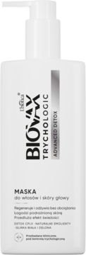 Biovax Trychologic Advanced Detox maska do włosów w białej butelce z pompką, widok z przodu.