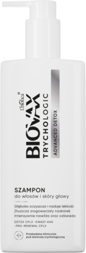 Biały szampon Biovax Trychologic Advanced Detox w butelce z pompką, widok z przodu, do włosów i skóry głowy.