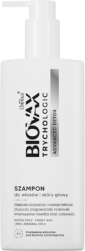 Biały szampon Biovax Trychologic Advanced Detox w butelce z pompką, widok z przodu, do włosów i skóry głowy.