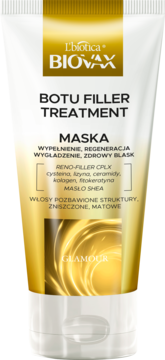L'biotica Biovax Botu Filler Treatment maska do włosów, biała tuba ze złotym wzorem, widok z przodu.