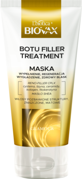 L'biotica Biovax Botu Filler Treatment maska do włosów, biała tuba ze złotym wzorem, widok z przodu.