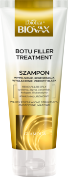 L'biotica Biovax Glamour Botu Filler Treatment szampon w biało-złotej tubie, wypełniająco-regenerujący, widok z przodu.
