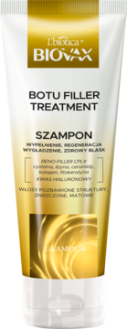 L'biotica Biovax Glamour Botu Filler Treatment szampon w biało-złotej tubie, wypełniająco-regenerujący, widok z przodu.