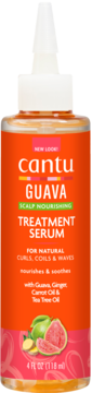 Cantu Guava Treatment Serum, pomarańczowa butelka z aplikatorem, front, dla loków i odżywienia skóry głowy.