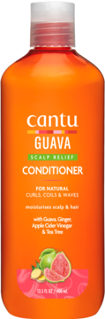 Pomarańczowa odżywka Cantu Guava Scalp Relief do włosów kręconych, z guawą i imbirem, widok z przodu.