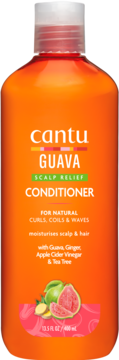 Cantu Guava Scalp Relief Conditioner w pomarańczowej butelce, do loków i fal, z guawą i imbirem, widok z przodu.