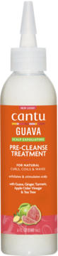 Cantu Guava Scalp Exfoliating Pre-Cleanse Treatment, white bottle with pointed top, orange label, guava & ginger.