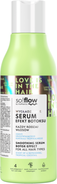 so!flow serum wygładzające botox, zielona butelka z białą nakrętką, przód. Zapach tropikalny.