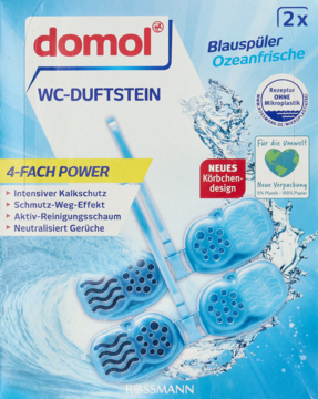Opakowanie Domol WC-Duftstein Blauspüler Ozeanfrische 2x, biało-niebieskie, z widocznymi niebieskimi zawieszkami.