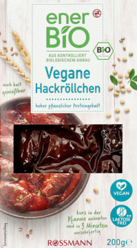 Opakowanie enerBiO Vegane Hackröllchen, białe z zielonym BIO logo, wizualizacja dania i soi.