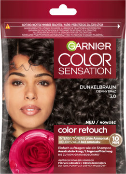 Garnier Color Sensation szampon koloryzujący Ciemny Brąz 3.0 w saszetce, bez amoniaku, widok z przodu.
