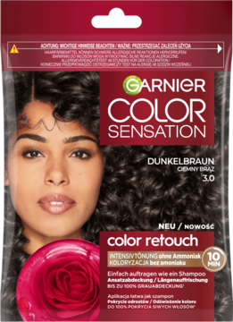 Garnier Color Sensation szampon koloryzujący Ciemny Brąz 3.0 w saszetce, bez amoniaku, widok z przodu.