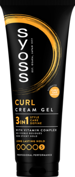 Czarny krem Syoss Curl Cream Gel, tubka, z pomarańczowym wzorem, przód, do stylizacji i silnego utrwalania loków.