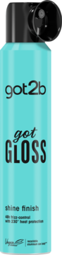 Got2b got GLOSS nabłyszczacz do włosów w turkusowej butelce, widok z przodu, z tekstem 'shine finish' i ochrona do 230°C.
