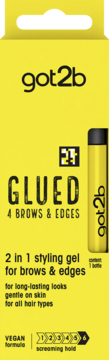 Żółte pudełko got2b Glued 2w1 żelu do stylizacji brwi i baby hair, z widoczną czarną tubką w tle.