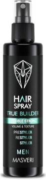Spray do włosów Masveri True Builder Flexible Strong dla mężczyzn, czarna butelka, pionowy widok.