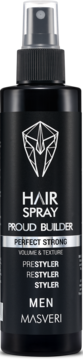 Czarny spray do włosów Masveri Men Proud Builder Perfect Strong, widok z przodu, z białym napisem.