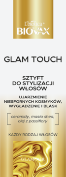Biovax Glam Touch sztyft do włosów. Złote opakowanie z logo, widok z przodu. Wygładza i ujarzmia.