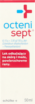 Białe opakowanie Octenisept 50ml, leku odkażającego małe rany. Widok z przodu, logo i niebiesko-czerwony napis.