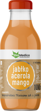 Szklana butelka soku Eka Medica jabłko acerola mango, z pomarańczowym płynem i brązową etykietą, widok z przodu.