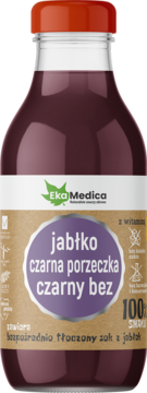 Sok Eko Medica jabłko, czarna porzeczka, czarny bez w szklanej butelce z pomarańczową nakrętką, widok z przodu.