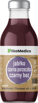EkaMedica suplement diety: sok jabłko czarna porzeczka czarny bez z witaminą C, w szklanej butelce, widok z przodu.