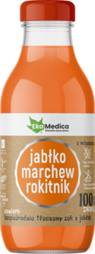 Eka Medica sok jabłko marchew rokitnik, zimno tłoczony, w szklanej butelce z pomarańczową nakrętką.