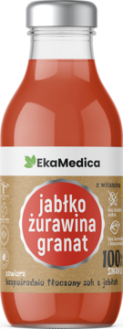 Sok EkaMedica jabłko żurawina granat, butelka z czerwonawym napojem, srebrna nakrętka, widok z przodu. Etykieta kraftowa.