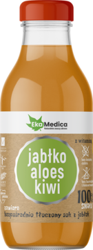 Sok EkaMedica jabłko aloes kiwi, bezpośrednio tłoczony, w szklanej butelce, widok z przodu.
