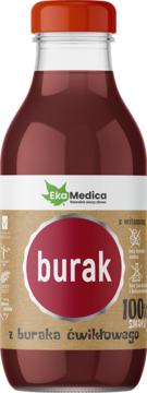 Butelka soku Eko Medica z buraka z witaminą C, widok z przodu, ciemnoczerwony płyn, pomarańczowa nakrętka.