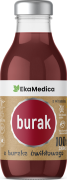 EkaMedica sok z buraka ćwikłowego z witaminą C, szklana butelka z srebrną zakrętką, widok z przodu, na beżowej etykiecie napis 'burak'.