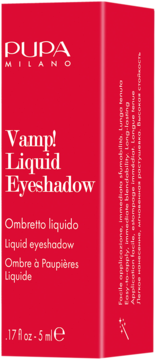 PUPA MILANO Vamp! Liquid Eyeshadow w czerwonym kartoniku, widok z przodu i prawego boku, z napisem 0.17 fl oz - 5 ml.