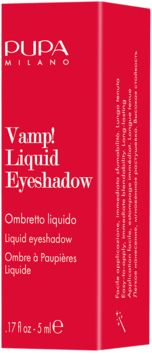 Czerwone opakowanie Pupa Vamp! Liquid Eyeshadow 5 ml, widok z przodu, z widocznym tekstem i bocznym panelem.