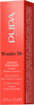 Czerwone, prostokątne opakowanie korektora Pupa Wonder Me Fatigue Eraser, 4.2 ml, widok z przodu.